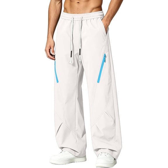 Hurxie Men's Parachute Sweatpants Y2k Baggy Track Pants Drawstring Wide Leg Casual Trousers Streetwear White,L