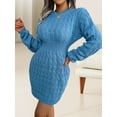 thumbnail image 5 of Casual Cable Knit Sweater Dress with Tie-Waist for Female, Autumn Winter Bodycon Tight Long Sleeve Tunic Blue M, 5 of 8