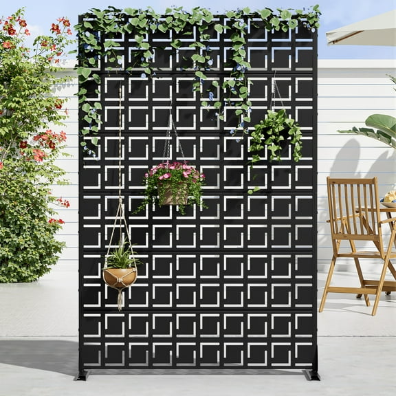 MAYEERTY 72 × 47in Outdoor Privacy Screen with Stand, 6 Panels Metal Balcony Decorative Screen, Black