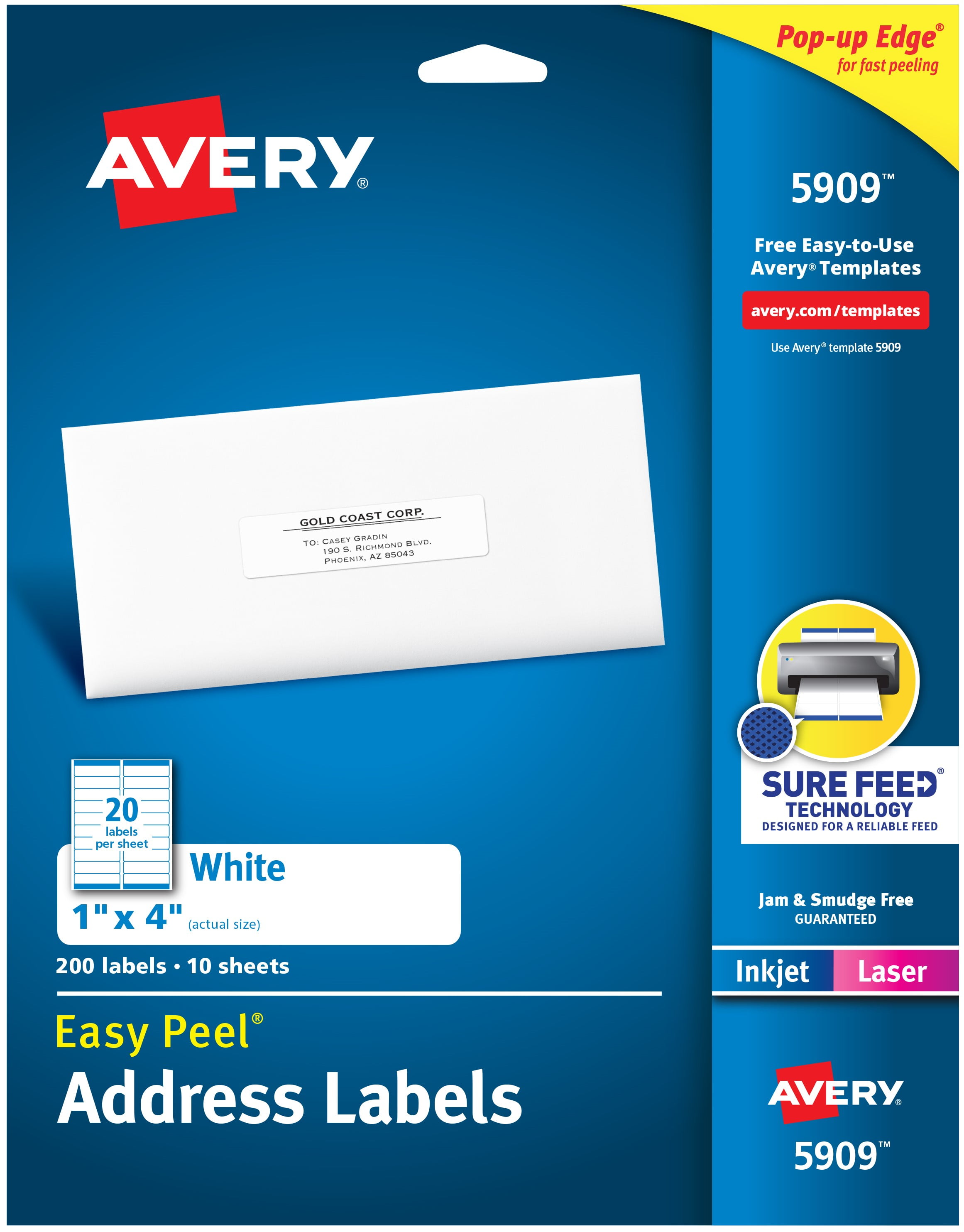 (2 pack) Avery Address Labels, 1" x 4", Paper, Matte White, Laser/Inkjet, Sure Feed, 200 Labels (5909)