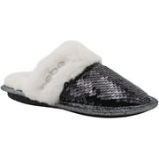 bebe Girls' Big Kid Slip On Flip Sequin Plush Slippers with Faux Fur Trim, Cute Shimmer Bling Flat Shoes for Indoor, Outdoor Use Black Size 2/3