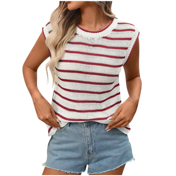 UAMVSH Women's Sweater Vest Striped Sleeveless Knit Pullover Lightweight Soft Crewneck Tops Trendy Summer Outfits S-XL