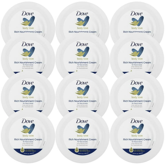 Dove Body Love Rich Nourishment Cream, Face, Hand & Body Lotion  Fast-Absorbing 72-Hour Moisturizing Cream with Ceramide Serum, 5.07 Fl Oz (Pack of 12)