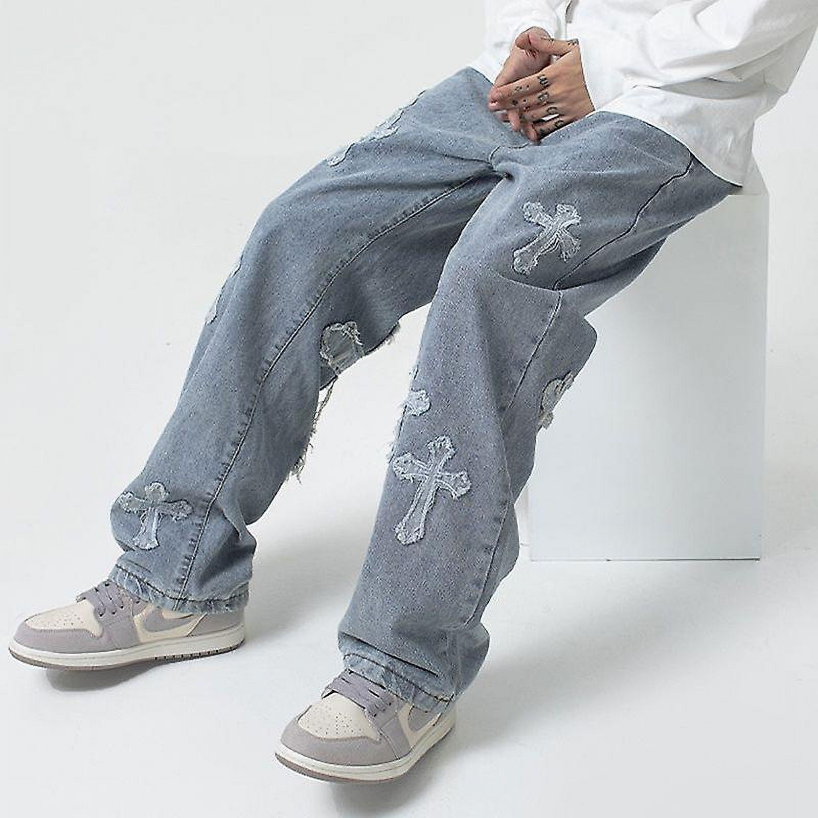 Jeans Cross Design Men Streetwear Baggy Jeans Trousers Cross Hip