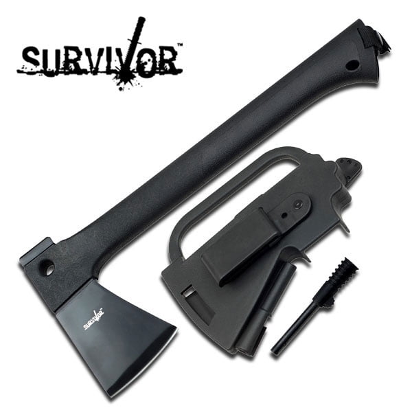 NEW! Survivor Black Tactical Survival Camp Hatchet Axe w/ Sheath, Fire