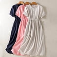 thumbnail image 6 of Dvprdro Womens Cotton Linen Crewneck Short Sleeve Shirred Ruffle Hem Lightweight A Line Midi Dress Casual Work, 6 of 6