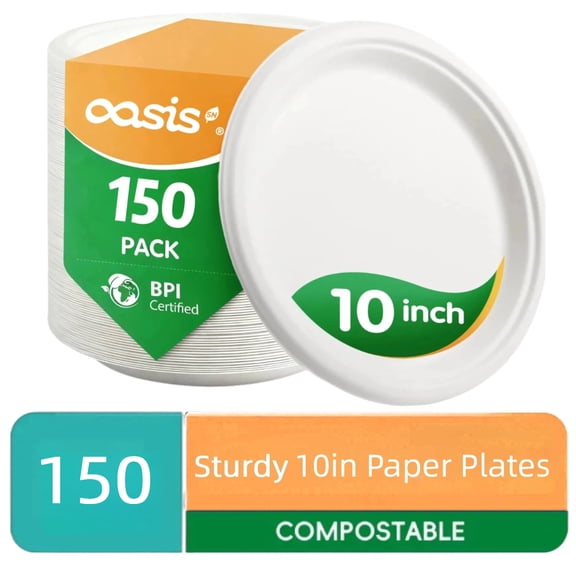 10in Paper Plates,OasisSN 150 Pack Disposable Heavy Duty Paper Plates,Biodegradable Bagasse Compostable Round Plates,Eco-Friendly Disposable Dinner Plate for BBQ,Picnic,Party,Big Game