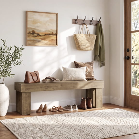 Finmind Modern Farmhouse Bench, 55-inch Entryway Bench with Unique Open‑Cavity Side Bases for Bedroom , Oak Brown
