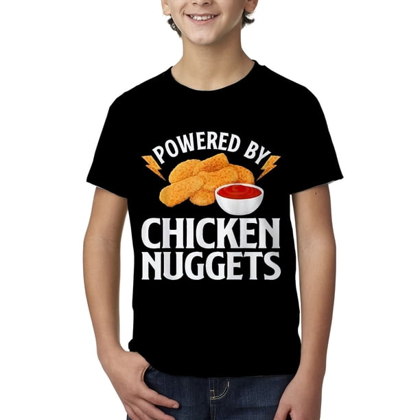 Kids "Powered by Chicken Nuggets" Funny Short Sleeve T-Shirt, Casual Crew Neck, Cotton Knit Fabric, Slight Stretch, Summer Top for Boys - Black