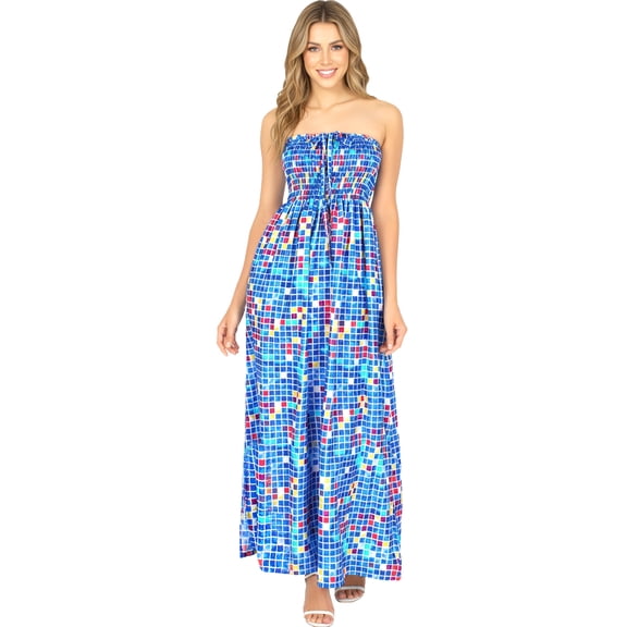 HAPPY BAY Women's Summer Boho A-Line Slit Maxi Beach Dress Smocked Top Evening Long Strapless Tube Dresses for Women One Size Cerulean, Geometric