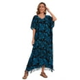 thumbnail image 3 of Beautybatik Dark blue Women Hand Blocked Batik Rayon Caftan Kaftan Loungewear Maxi Plus Size Long Dress 1X, 3 of 5