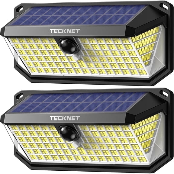 TECKNET 416 LED Solar Lights Outdoor Waterproof, 300° Angle & 3 Lighting Modes Motion Sensor Outdoor Lights, 2 Pack Solar Powered Flood Wall Lights IP66 for Home Patio Fence Yard Deck Garage Street