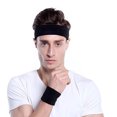 thumbnail image 3 of Bandas deportivas para la cabeza/muñequeras para hombres y mujeres - Paquete de 3 bandas deportivas de tela de rizo de algodón que absorbe la humedad para tenis, baloncesto, correr, negro oso de fresa vestir, 3 of 5