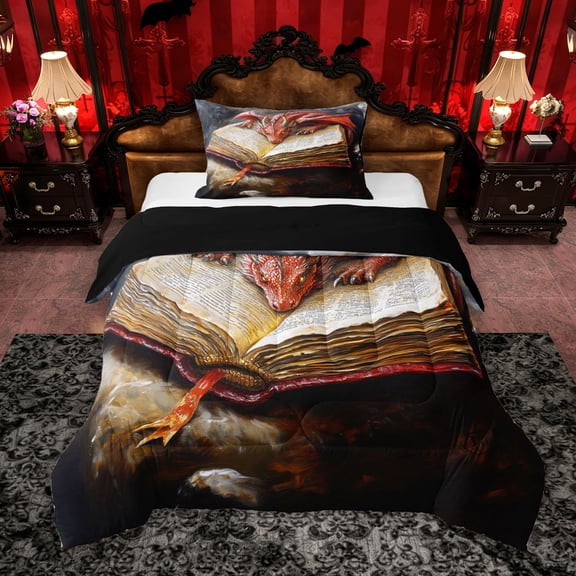 Erosebridal Vintage Dragon Twin Comforter Sets, Magic Book Bedding Set for Kids Boys, Black Reversible, 1 Comforter and 1 Pillowcase