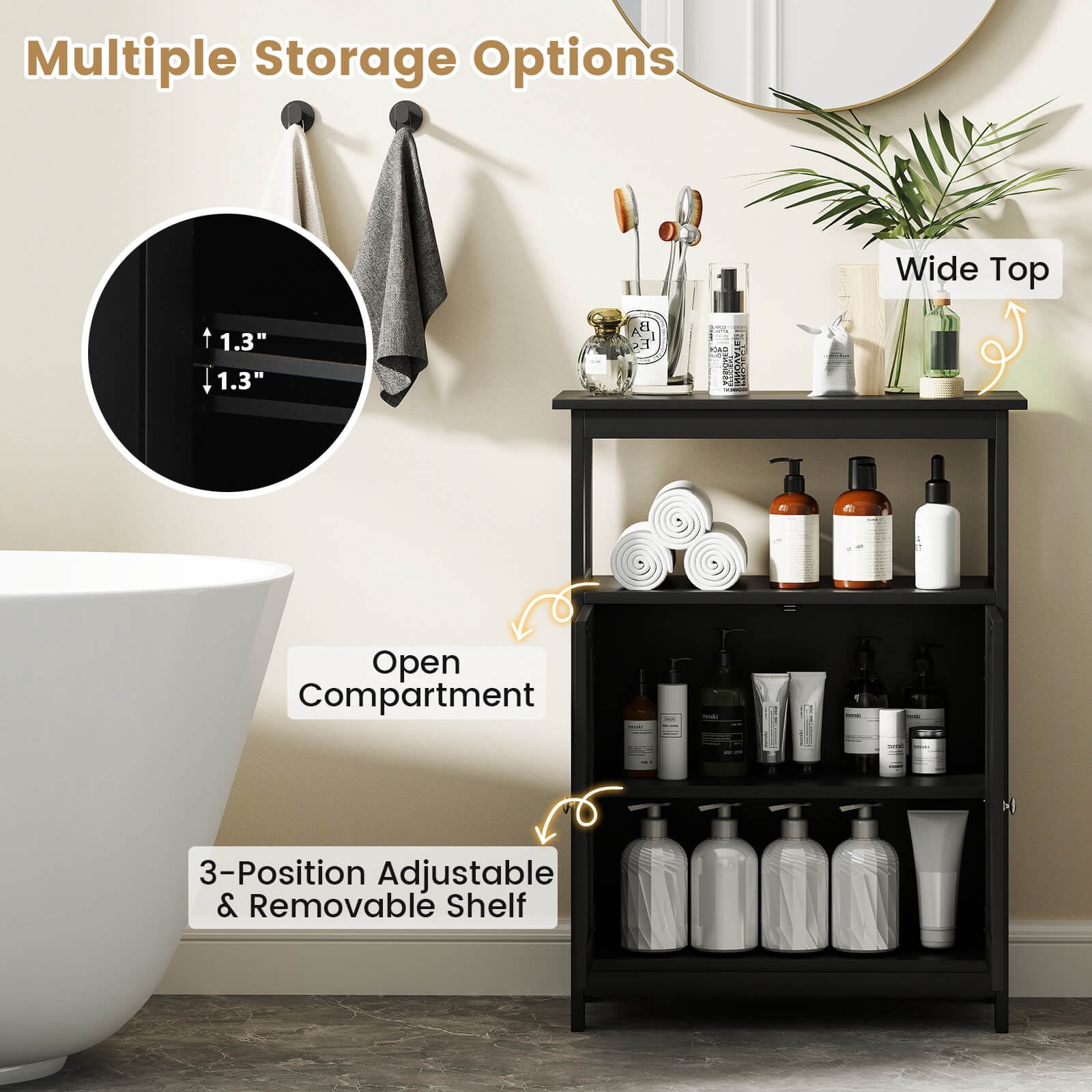 Costway Bathroom Floor Cabinet Freestanding Storage Organizer with 2 Doors Open Compartment Black