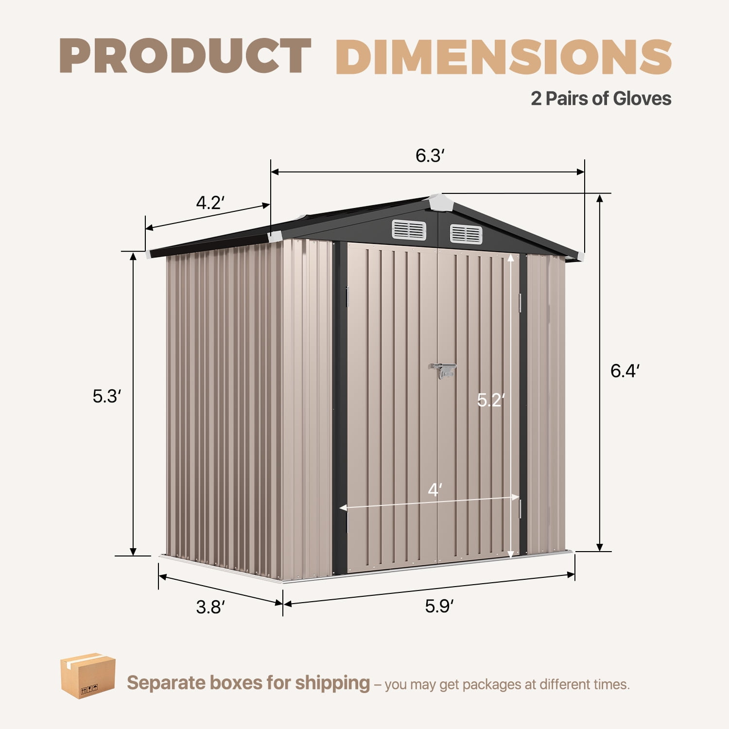 BaPiPro 6x4FT Brown Metal Storage Shed with Solid Floor, Gable Roof & Double Doors