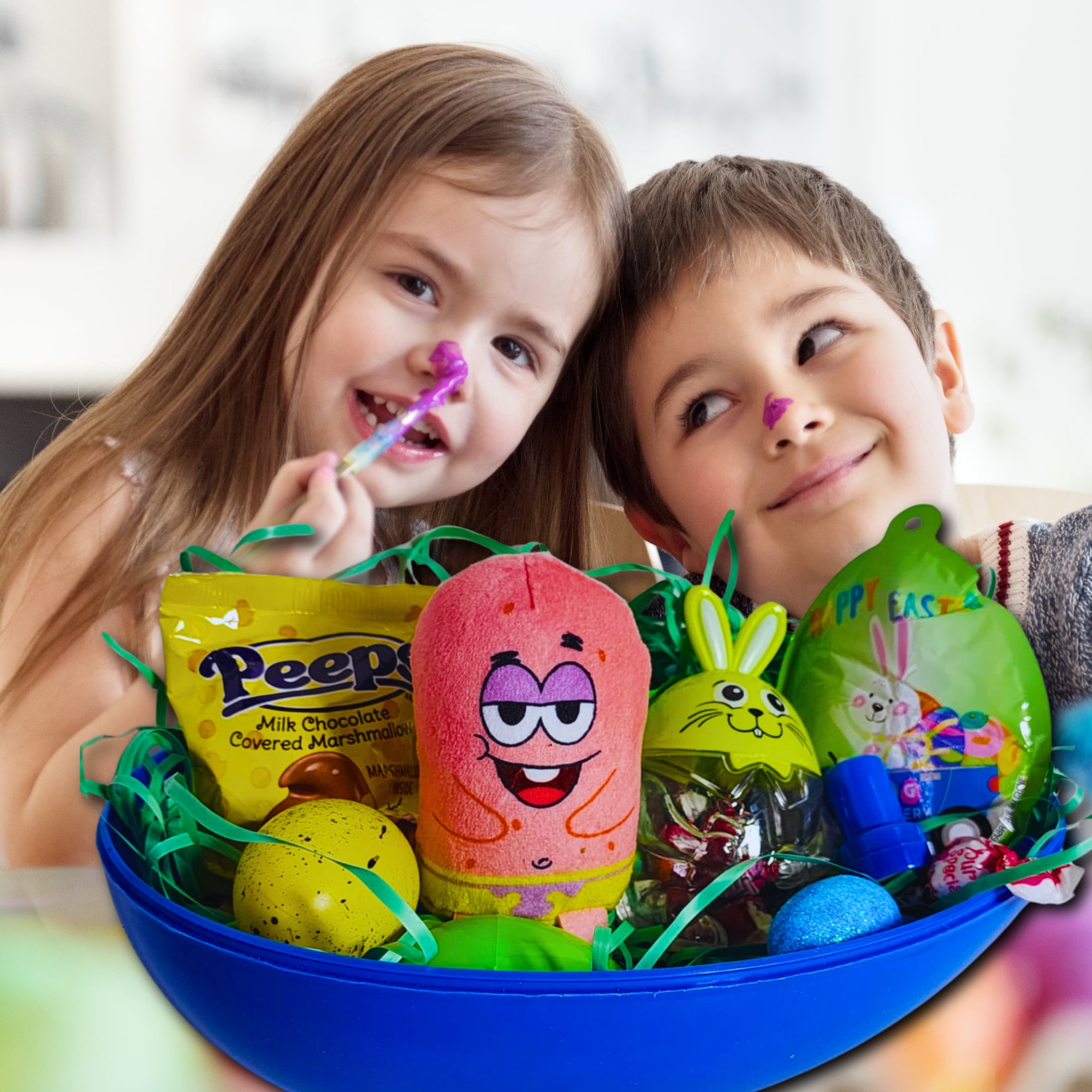 Happy Easter Basket Pre-Filled Surprise Jumbo Egg w/ Patrick Starfish Plushie Balloon Eggs Peeps Candies & Reusable Plastic Egg-Shaped Container Spring Party Favors (Contents Vary)
