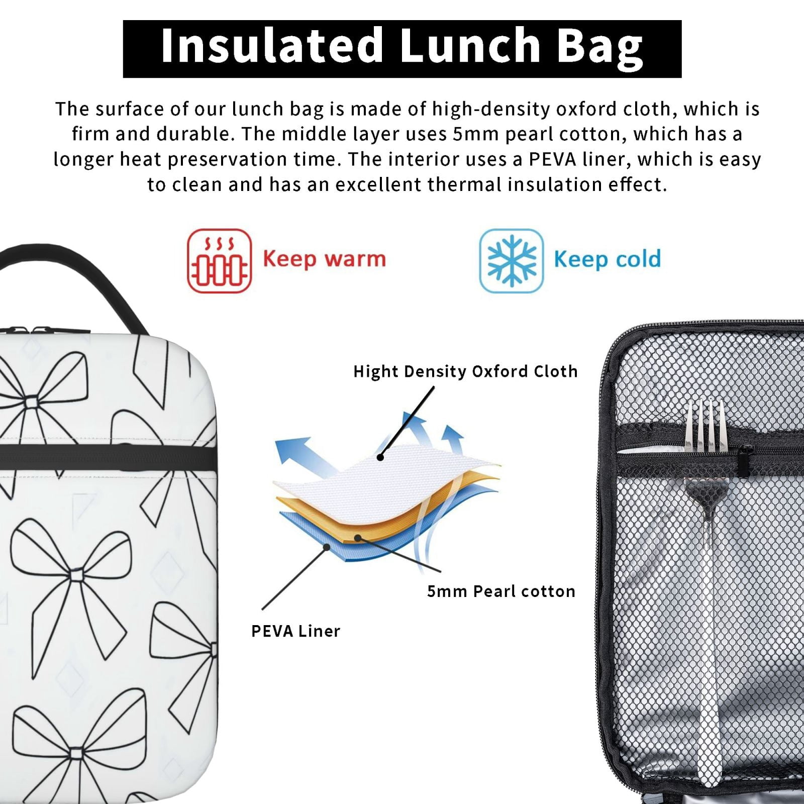 Lunch Bag For Women Men Insulated Portable Lunch Box Bento Box Office Picnic Travel Cooler Bag Modern Minimalist Thin Black And White Ribbon Bow Pattern