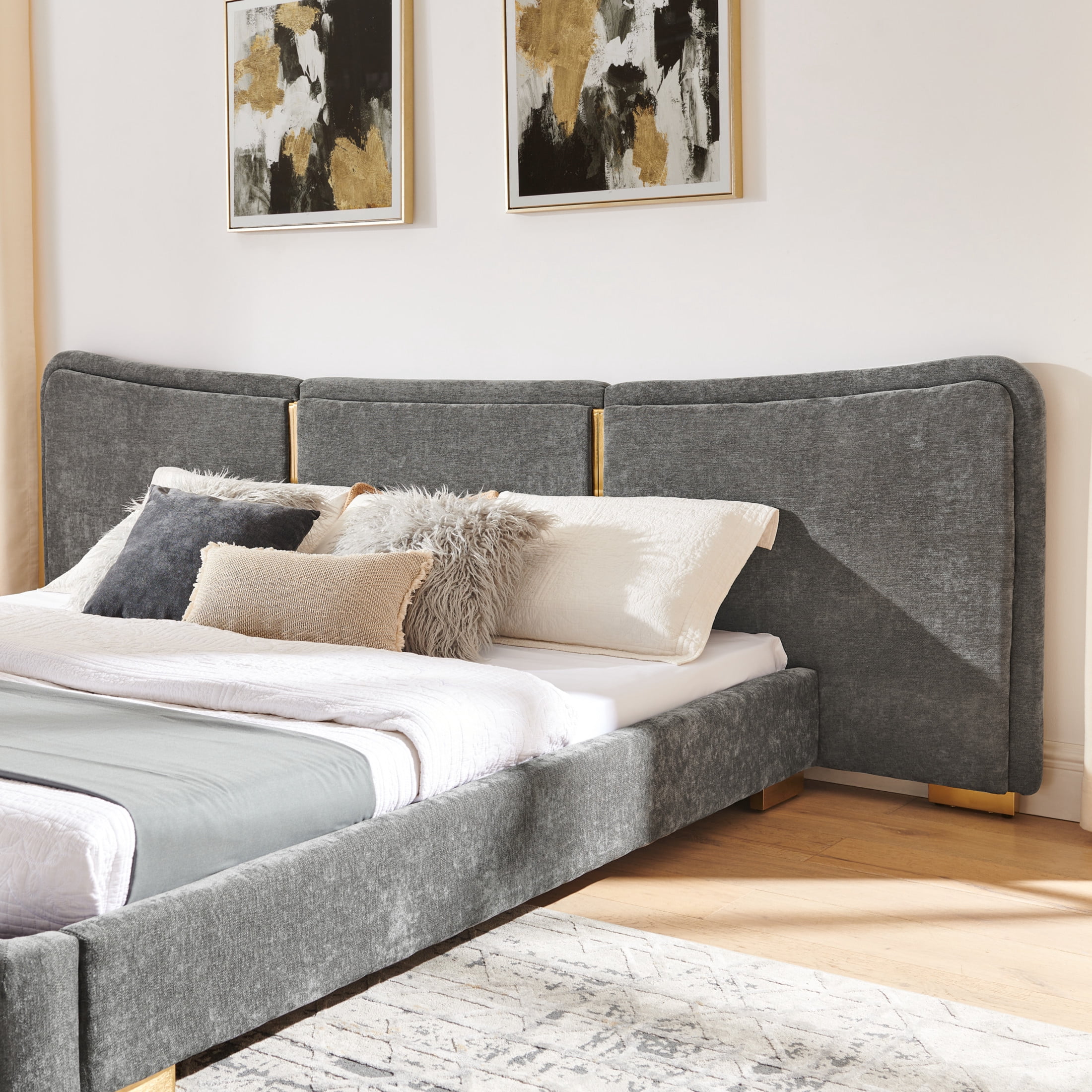 Noble House Zerra King Size Platform Bed, Chenille Upholstered Curved Headboard with Reinforced Metal Legs, Dark Gray
