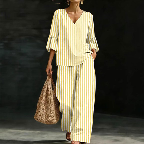 Mifsaly 2 Piece Lounge Set Women Casual V Neck Tops and Flowy Wide Leg Palazzo Pants Comfortable Outdoor Casual Vacation Matching Outfits with Pockets Yellow,S