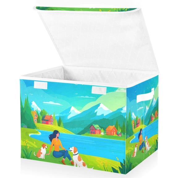 Foldable Fabric Storage Bin With Handle Collapsible Basket Box Storage With Lid Organizer Sunny Day