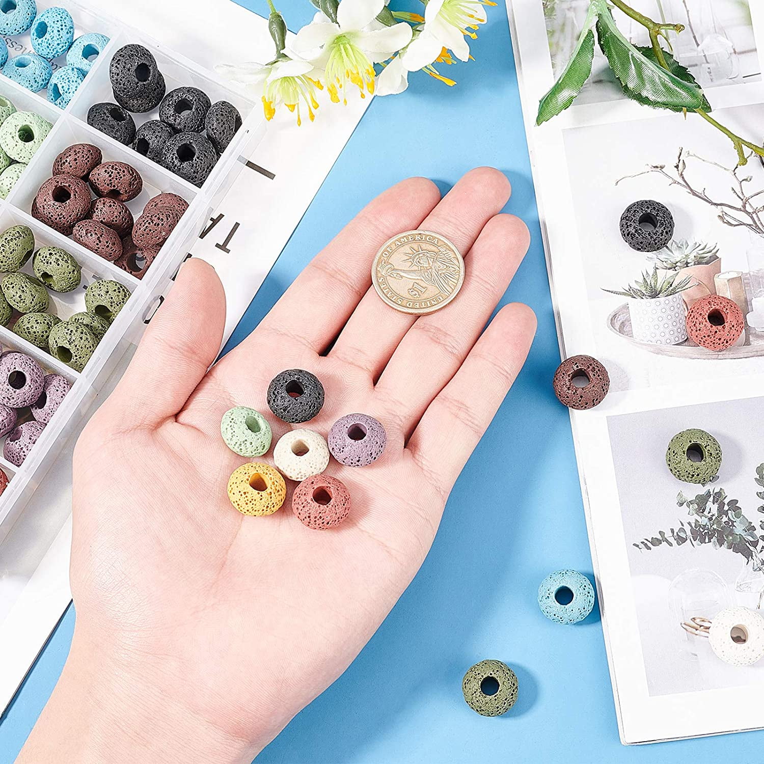 100 Pcs Natural Lava European Beads 10 Colors Flat Round Large Hole Beads Lava Stone Rock Loose Beads Volcanic Gemstone for Jewelry Making Colorful DIY