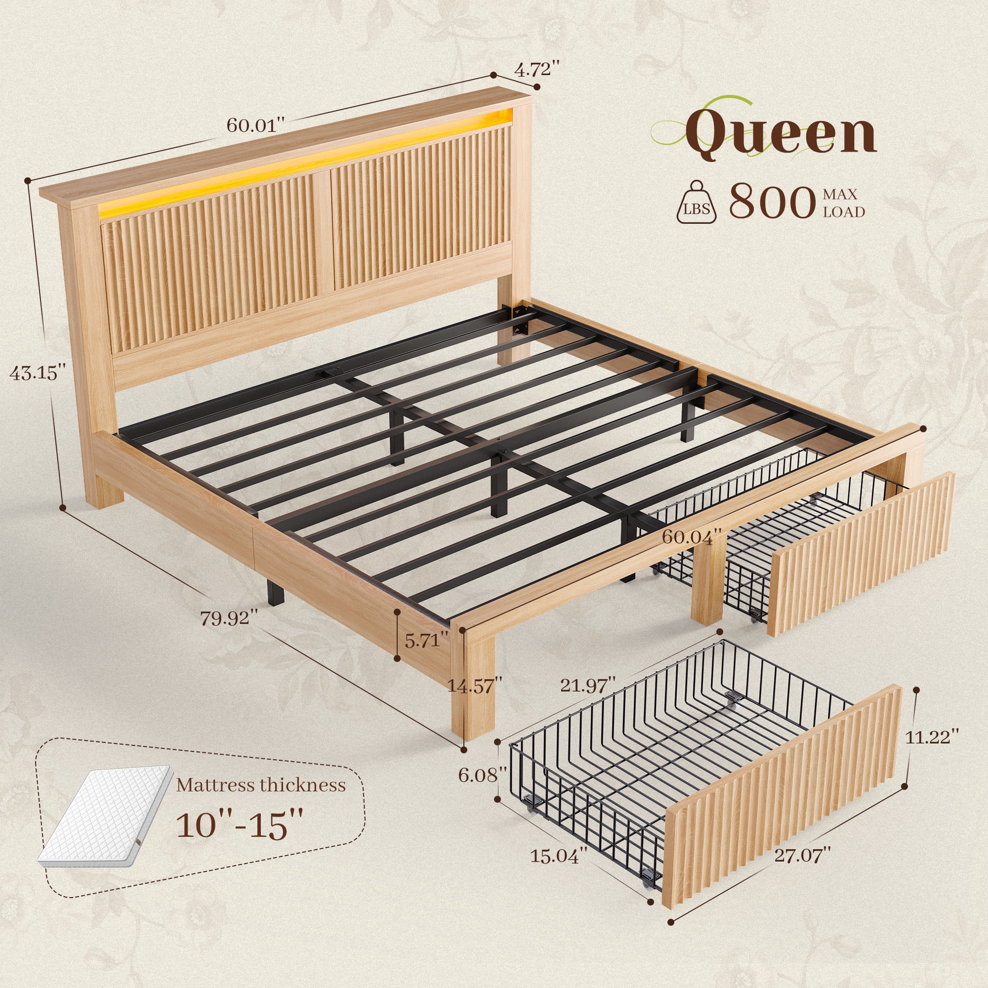 EnHomee Wood Bed Frame Queen with Headboard Bed Frame with Storage Shelf and Drawers Farmhouse Bed Frame with 2 Drawers & Charge Station & LED Light, Rustic Oak