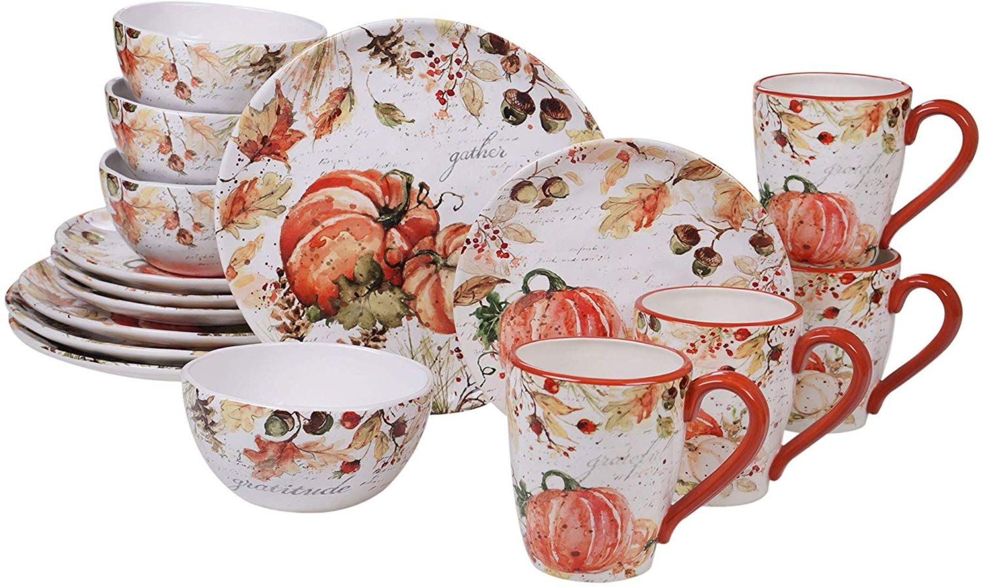 16pc White and Orange Pumpkin Harvest Thanksgiving Dinnerware Set