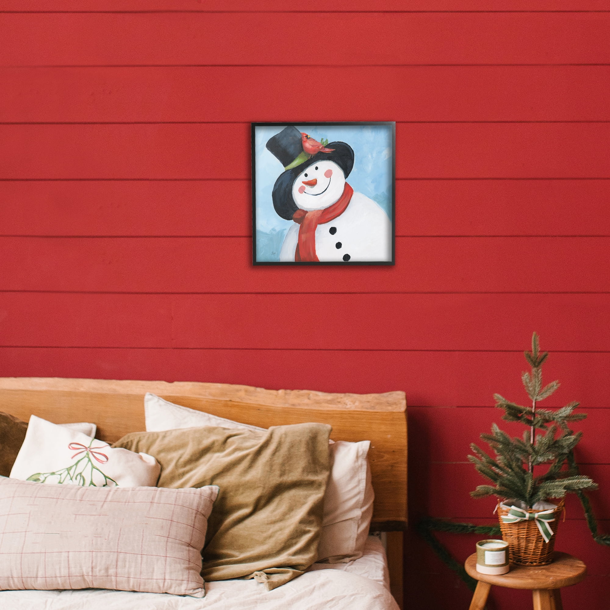 Stupell Industries Cheerful Snowman with Cardinal Black Framed Giclee Art, design by Nan