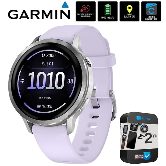 Garmin 010-03013-01 Venu 4, 41mm Health & Fitness GPS Smartwatch Silver with Periwinkle Silicone Band Bundle with 2 YR CPS Extended Warranty