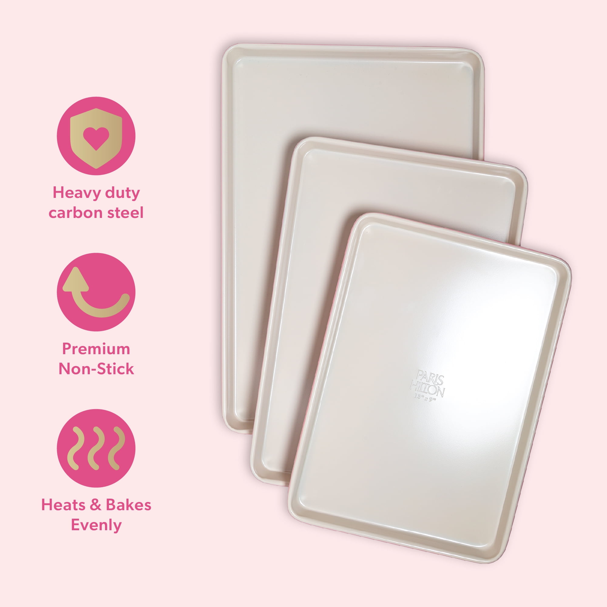 Paris Hilton 3-Piece Nonstick Cookie Sheet Pan Bakeware Set, Carbon Steel Baking Sheets, Dishwasher Safe, Pink