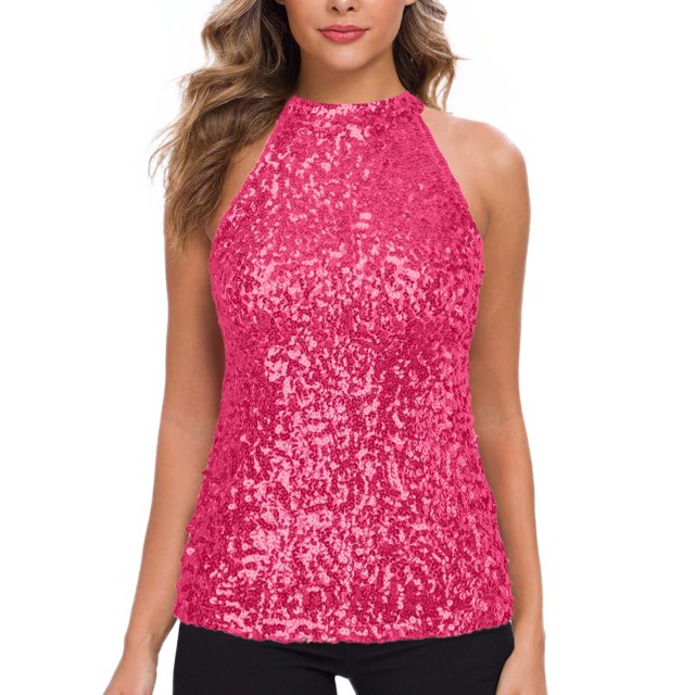 Top halter con lentejuelas para mujer - Blusa corta sin mangas brillante para fiesta/discoteca (talla única)