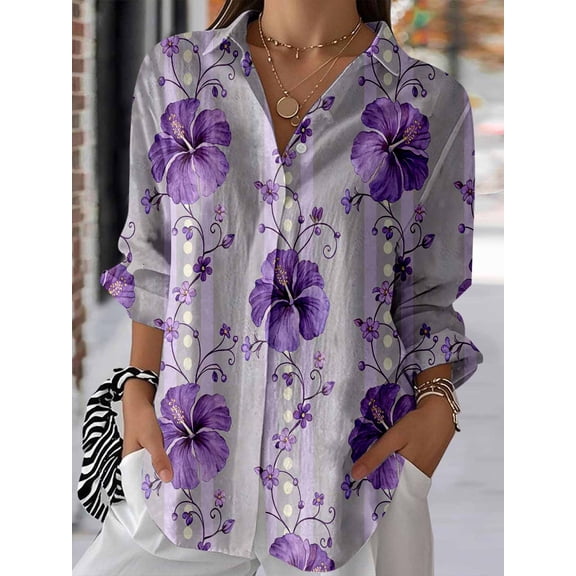 Women's Purple Floral Long Sleeve Button Down Shirt