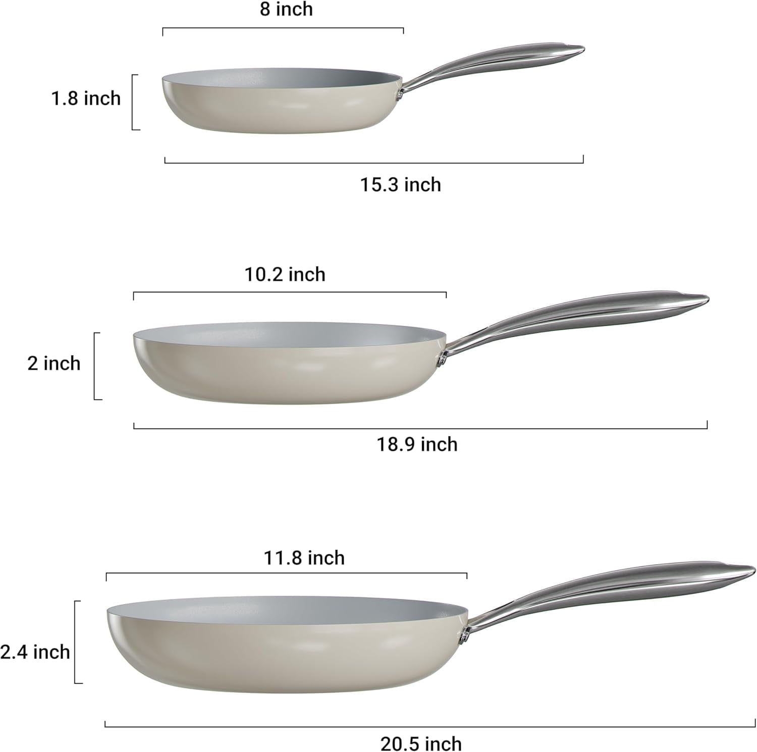 3 Piece Ceramic Frying Pan Set - 8, 10, 12 Inch Non Stick, Non Toxic, Dishwasher and Oven Safe
