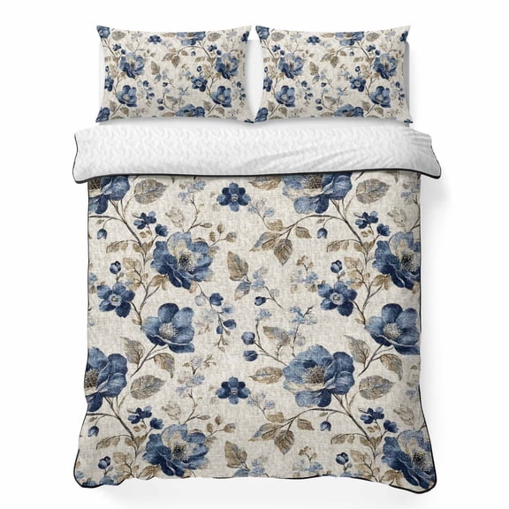 Twin Quilt Set 68''x86'', Blue Gray Spring Floral Lightweight Summer Bedspread Coverlet Set with 2 Pillow Shams, Vintage Botanical Breathable All Season Quilt Bedding for Dorm/Bedroom
