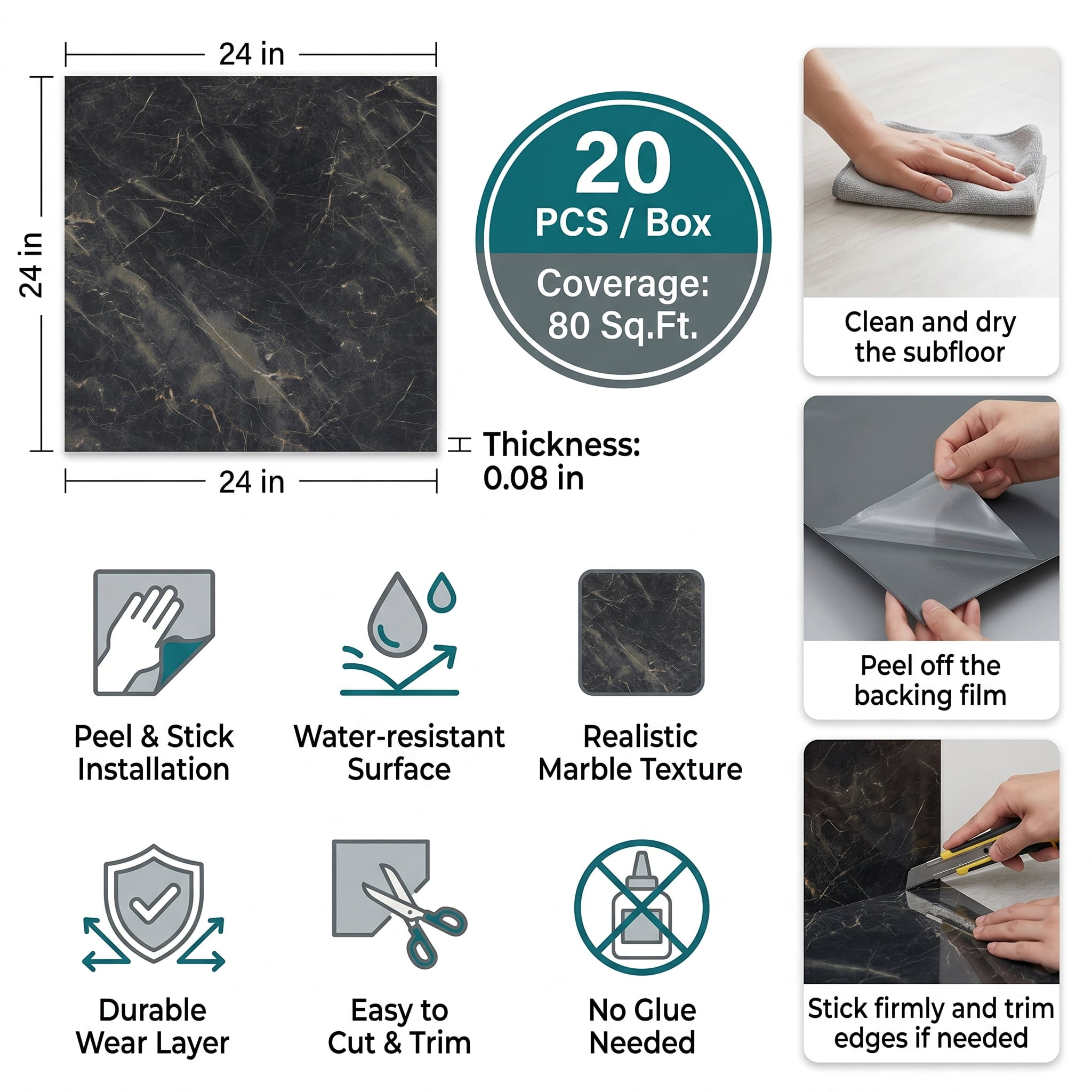 Peel and Stick PVC Vinyl Flooring 20-Pack 24x24 Inch, Self-Adhesive Floor Tiles and Waterproof Flooring for Home Kitchen Bathroom, Black Marble Pattern