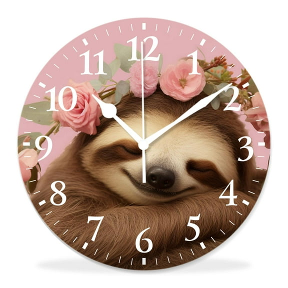10 Inch Wall Clock Battery Operated Silent Clock Decorative for Office, Kitchen, Outdoor, Living RoomCute Sloth and Flowers Drawing