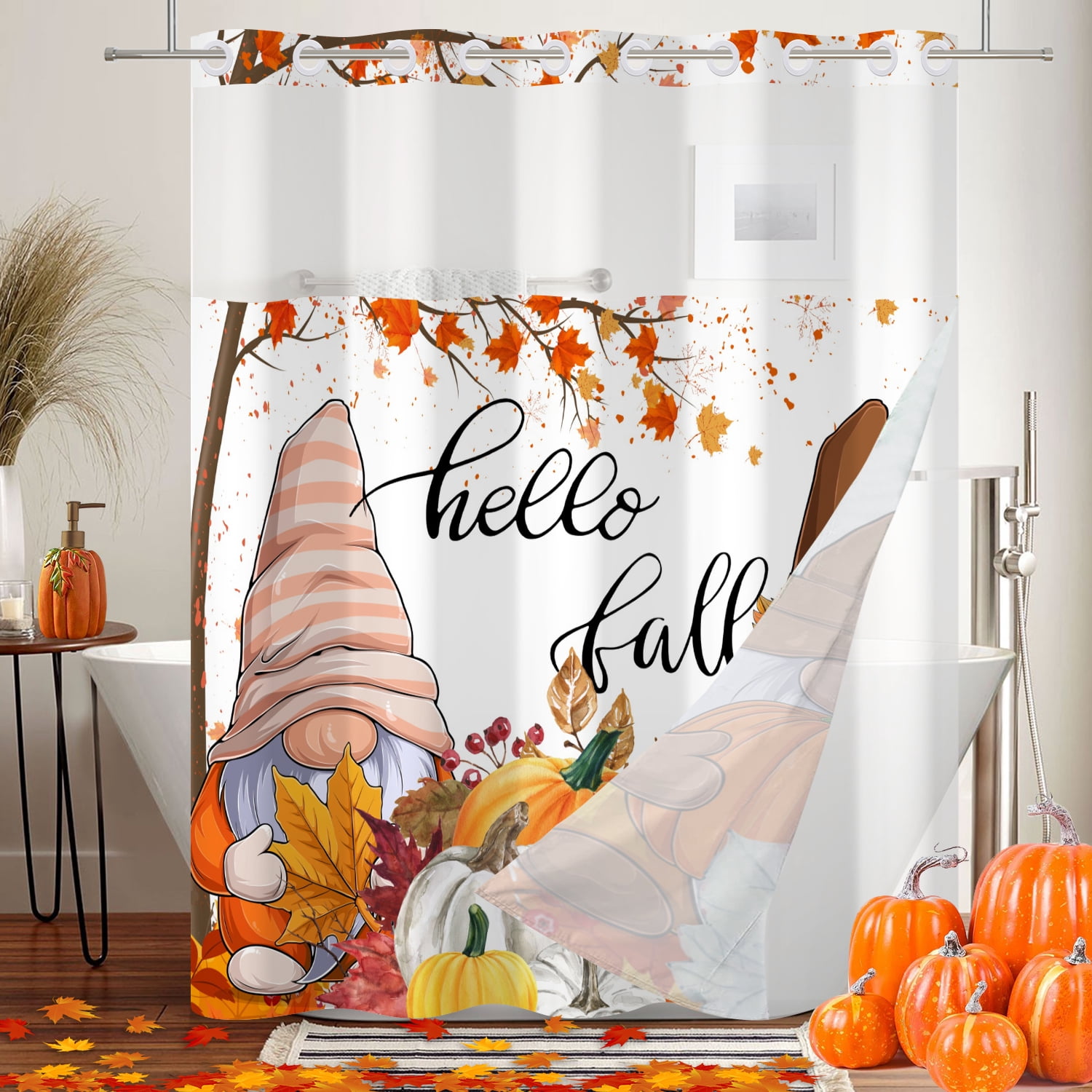 MIZHONA Fall Thanksgiving Shower Curtain with Snap in Liner,Gnomes and Pumpkin No Hook Fabric Bathroom Curtain,71"× 83"