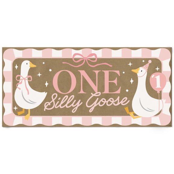 Big Dot of Happiness One Silly Goose Pink Kraft Paper Banner, Girl 1st Birthday Party Banner, Printed Brown Paper Party Sign Decoration – 1 Count