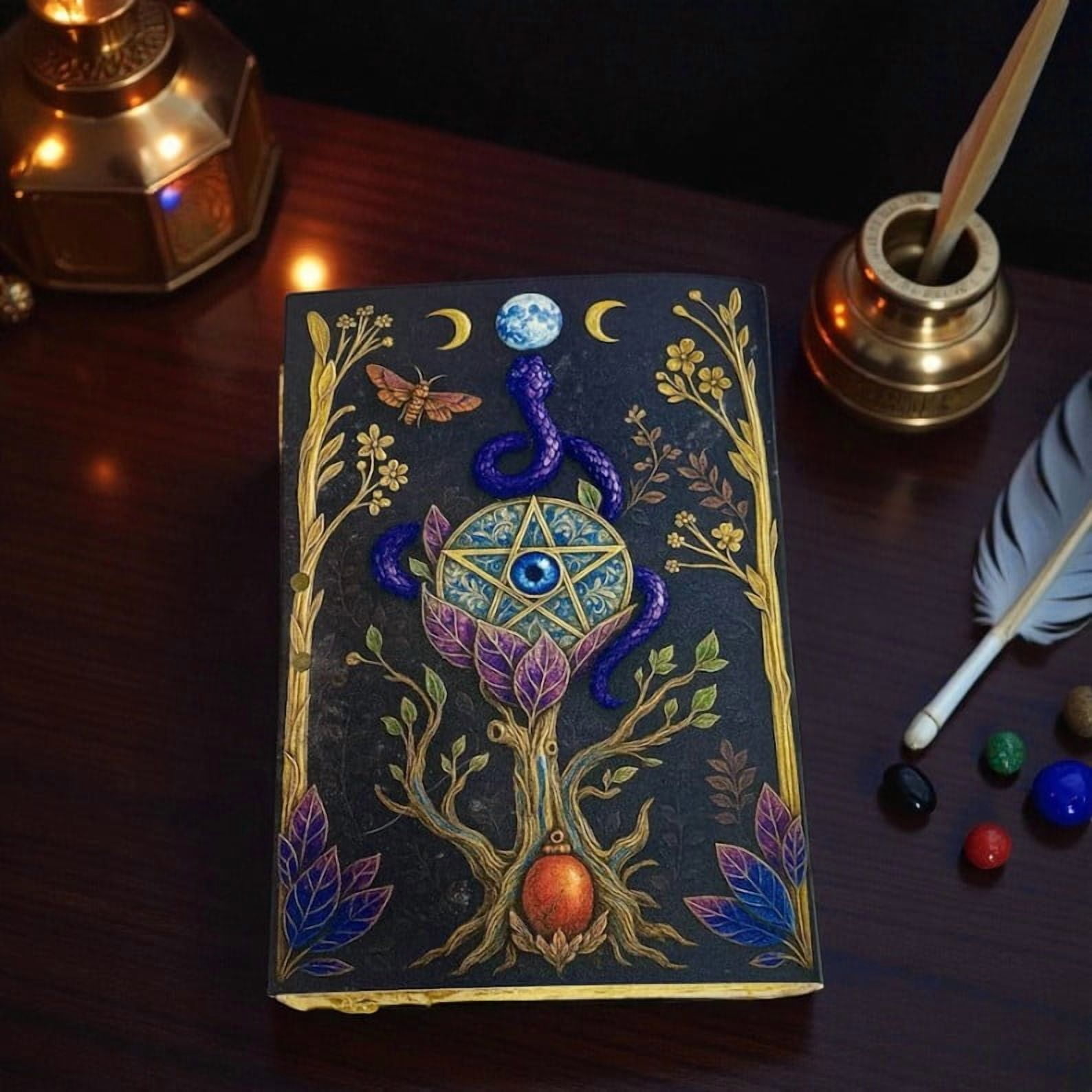 Handmade Leather Journal with Mystical Pentagram & Serpent Artwork – 5x7 Inch Vintage Notebook, 200 Deckle Edge Pages, Antique Metal Lock