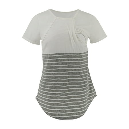 

Awdenio Clearance Ladies Clothe Fashion Solid Color Stripe Print Short Sleeve Maternity Breastfeeding Top
