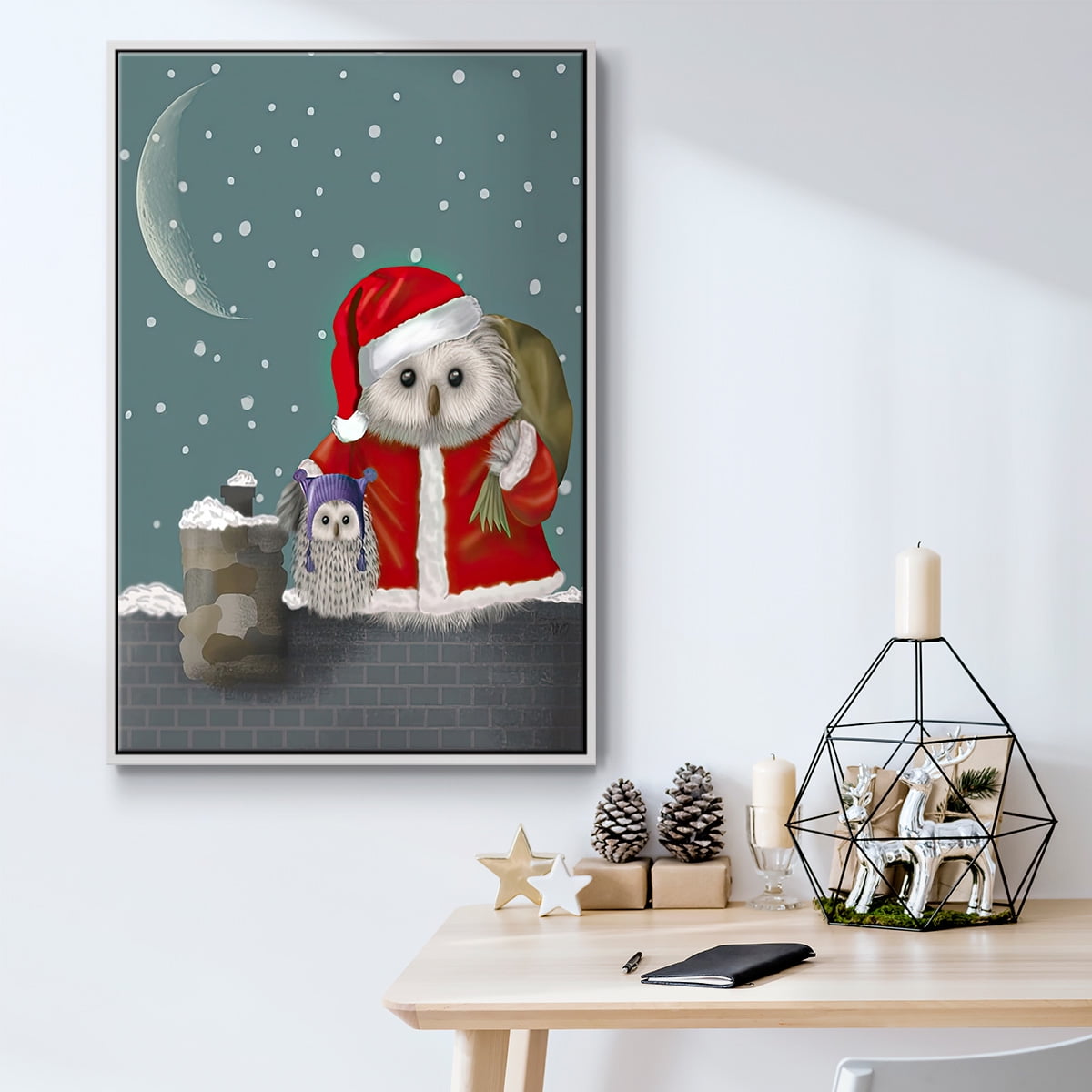 Christmas Santa Owl - Framed Gallery Wrapped Holiday Canvas - 17 x 25 - White Frame