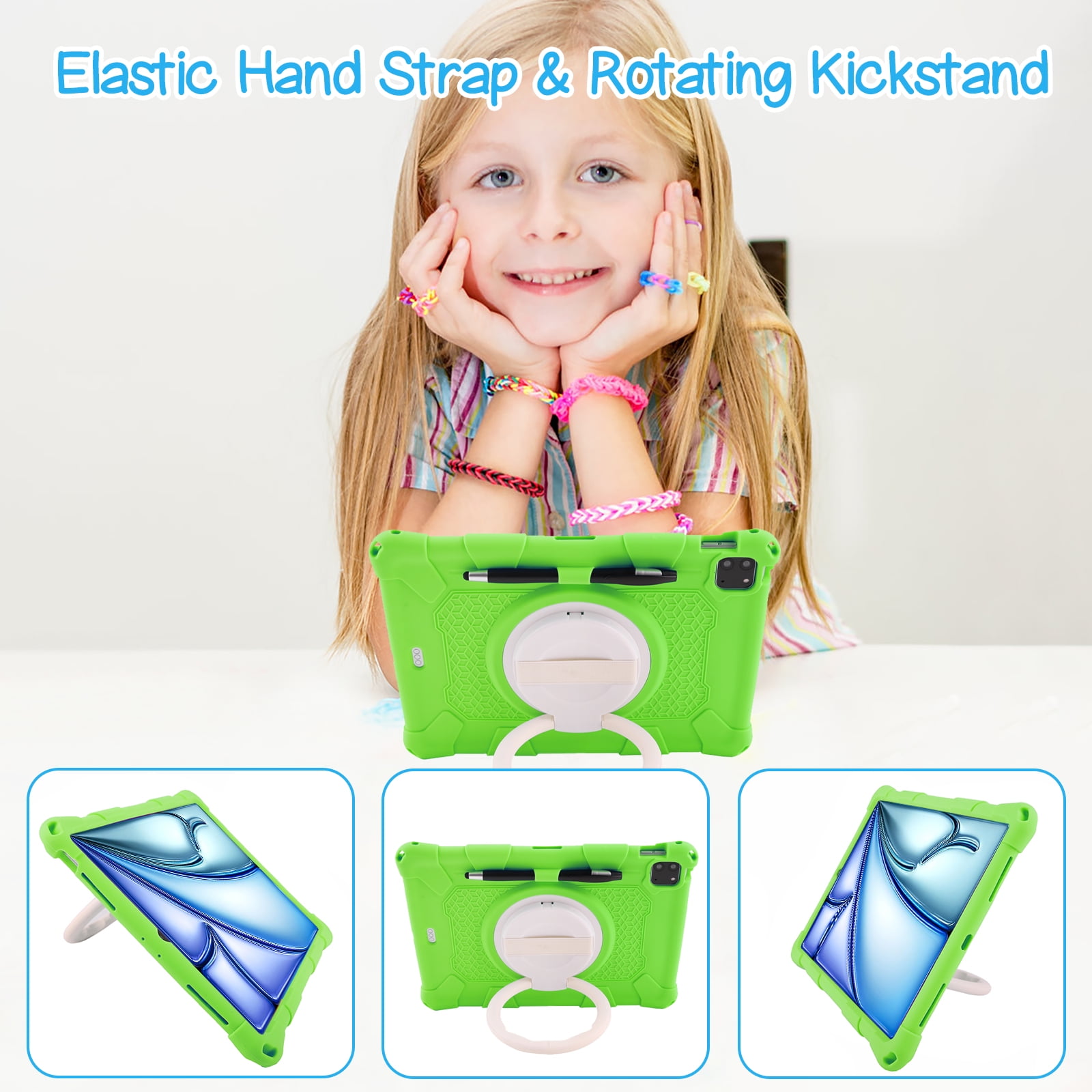 Case for Apple iPad Pro 11 5th 4th 3rd 2nd 1st Gen/ iPad Air 11 2024 M2/Air 4 5, Soft Silicone Drop Protection Rotating Kickstand with Shoulder Strap Pencil Holder Kids Friendly Lightweight, Green
