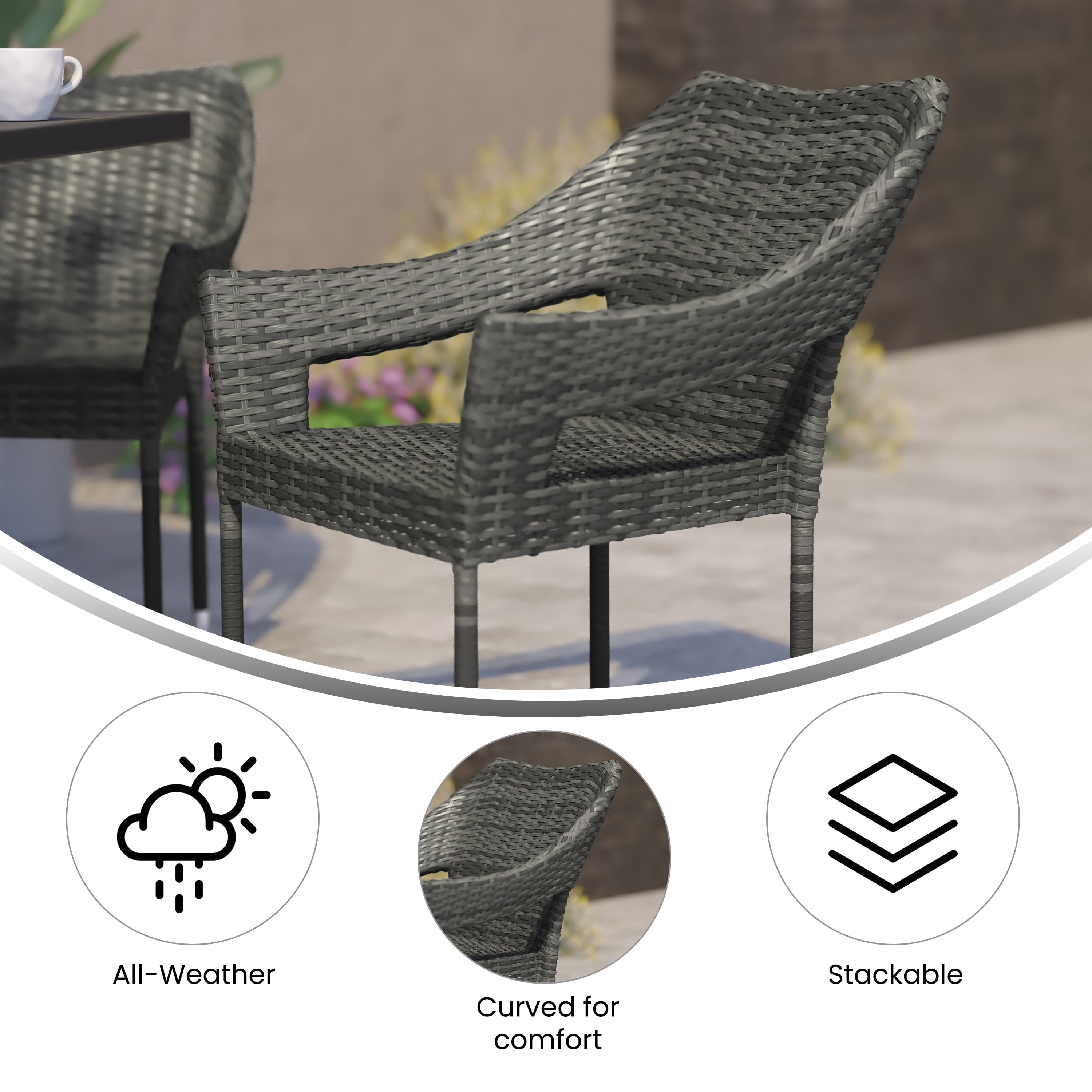 Merrick Lane Weather Resistant Indoor/Outdoor Stacking Patio Dining Chair with Steel Frame and PE Rattan - Gray