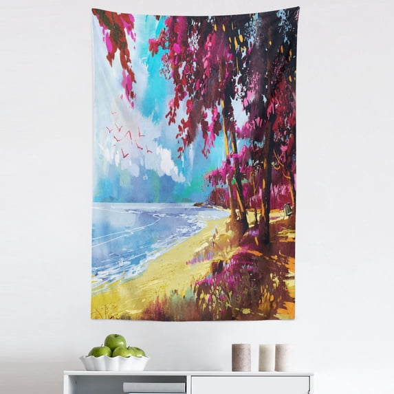 Floral Tapestry, Floral Colored Blossom Trees on Tropic Sandy Beach Seascape Summer Print, Fabric Wall Hanging Decor for Bedroom Living Room Dorm, 5 Sizes, Blue Pink Cream, by Ambesonne