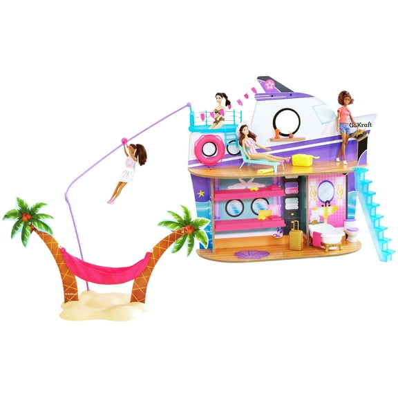KidKraft Luxe Life 2-in-1 Wooden Cruise Ship and Island Doll Play Set with 18 Accessories