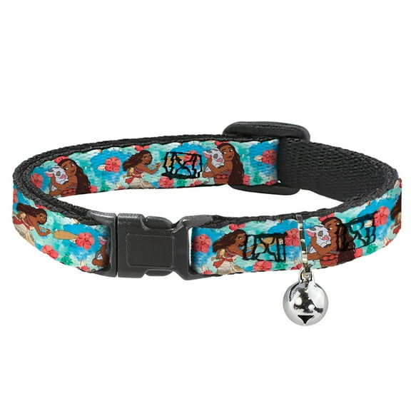 Disney Cat Collar, Breakaway Collar with Bell, Moana Poses and Pua Flowers Blues, 8.5 to 12 Inches 0.5 Inch Wide