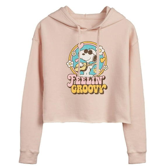 Peanuts - Feelin Groovy Snoopy And Woodstock - Juniors Cropped Pullover Hoodie