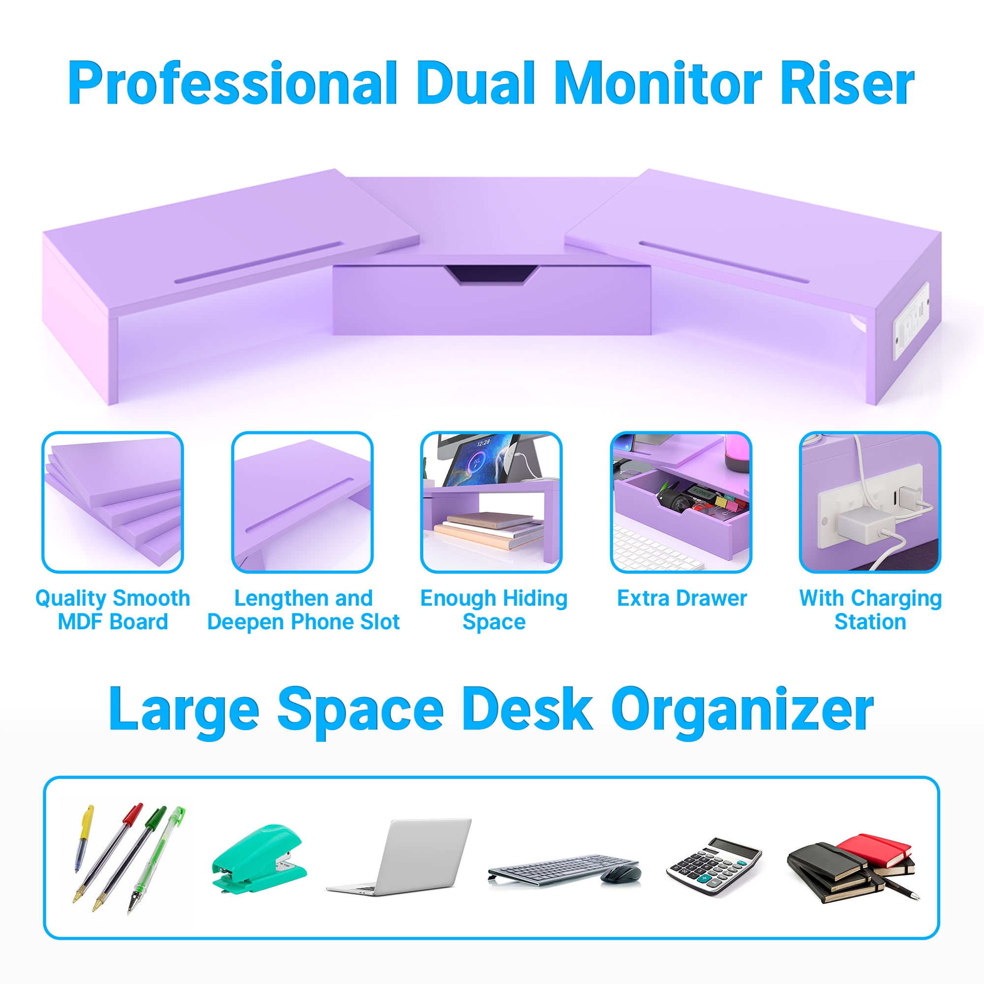 Yoneston Dual Monitor Stand Riser with Charger, Adjustable Length and Angle Desk Organizer with Drawer, Computer Monitor Stand with Phone Holder for PC, Laptop, Printer, Purple