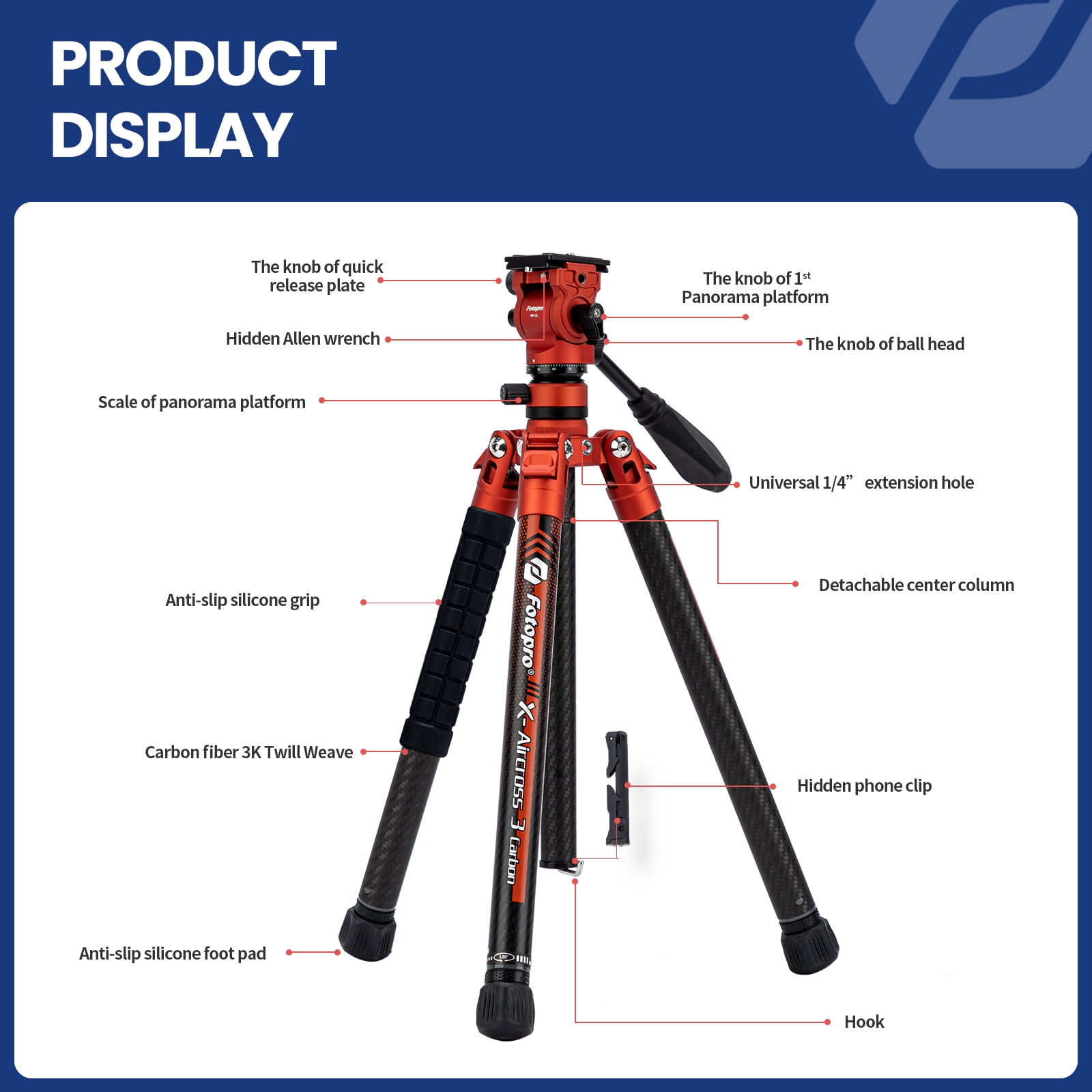 Fotopro X-Aircross 3 Video Tripod with Lightweight 3K Carbon Fiber Legs, Fast Locking System, and Two Section Center Column (Orange)